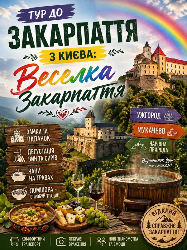 Відкрийте магію Закарпаття: від величних замків Мукачева до кришталевого Синевиру. Термальні басейни, чани та смачна кухня. Виїзд із Києва щотижня. Приєднуйтесь!