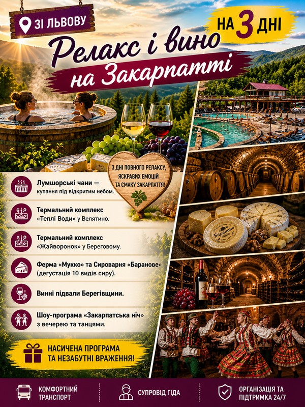 Тур на термальні джерела Закарпаття з Львова | Чани, Вино, Релакс